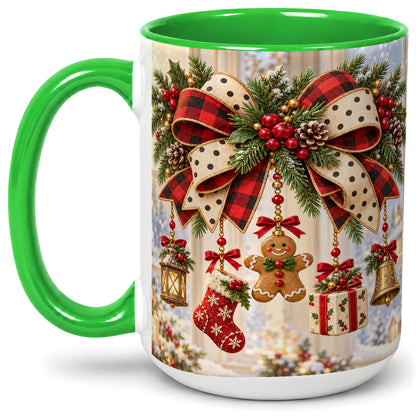 #pl[15oz|Green] Buffalo Plaid Christmas Bow Accent Mug, Ceramic Holiday Coffee Cup