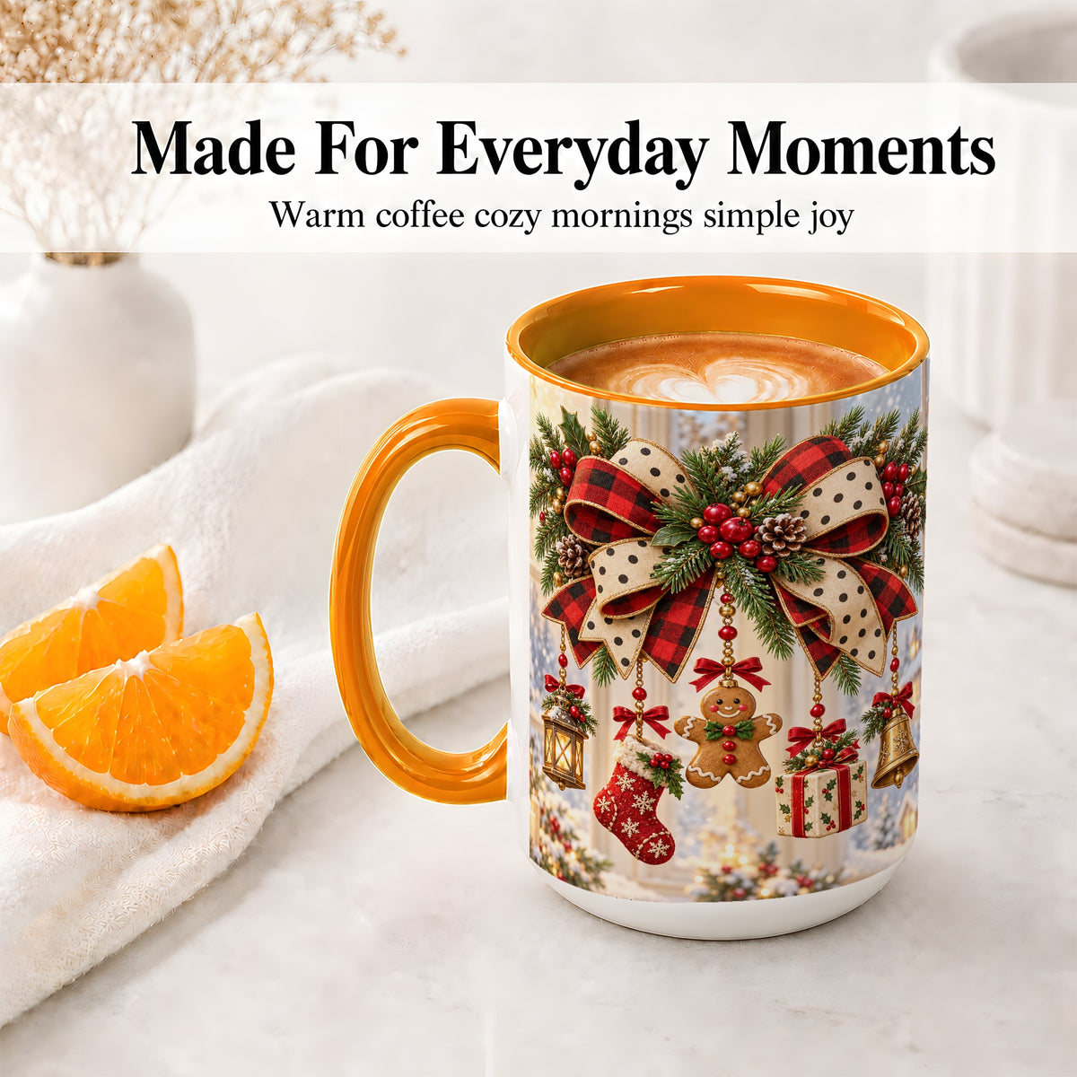 #pl[15oz|Orange] Buffalo Plaid Christmas Bow Accent Mug, Ceramic Holiday Coffee Cup
