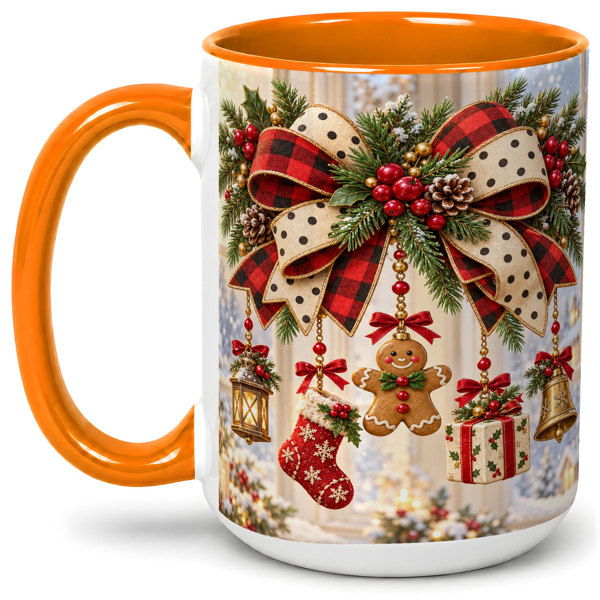 #pl[15oz|Orange] Buffalo Plaid Christmas Bow Accent Mug, Ceramic Holiday Coffee Cup