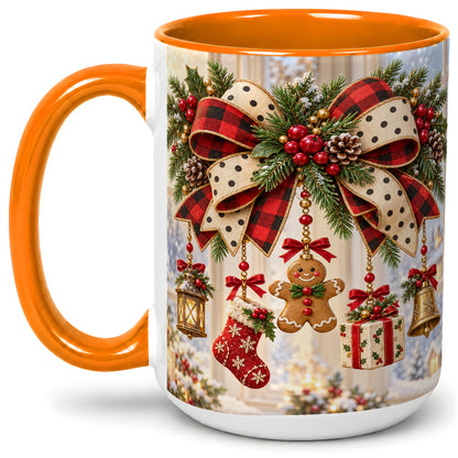 #pl[15oz|Orange] Buffalo Plaid Christmas Bow Accent Mug, Ceramic Holiday Coffee Cup