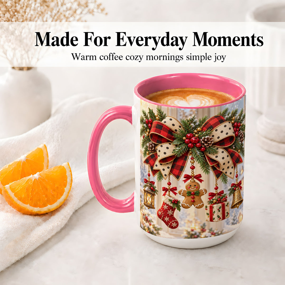 #pl[15oz|Pink] Buffalo Plaid Christmas Bow Accent Mug, Ceramic Holiday Coffee Cup
