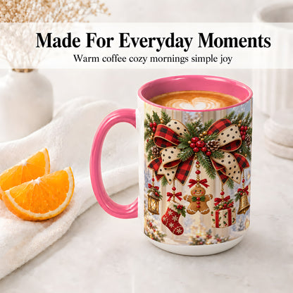 #pl[15oz|Pink] Buffalo Plaid Christmas Bow Accent Mug, Ceramic Holiday Coffee Cup
