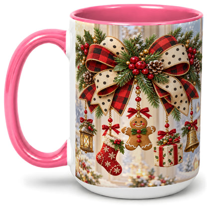 #pl[15oz|Pink] Buffalo Plaid Christmas Bow Accent Mug, Ceramic Holiday Coffee Cup