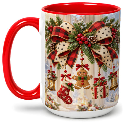 #pl[15oz|Red] Buffalo Plaid Christmas Bow Accent Mug, Ceramic Holiday Coffee Cup