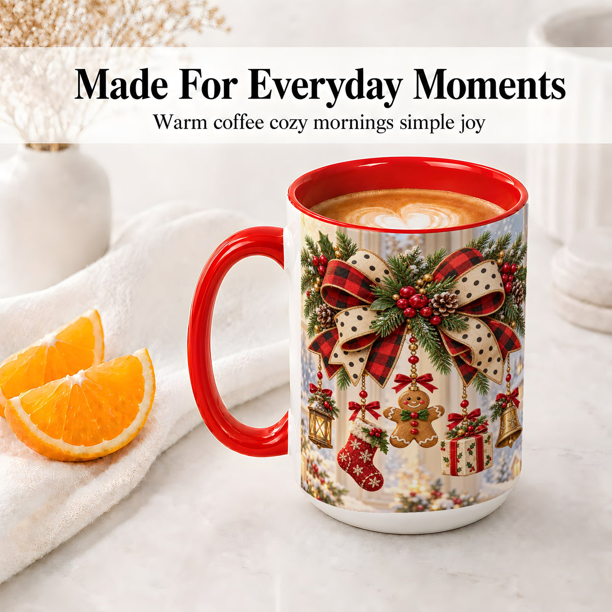 #pl[15oz|Red] Buffalo Plaid Christmas Bow Accent Mug, Ceramic Holiday Coffee Cup