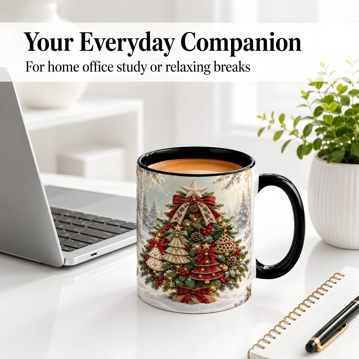 #pl[11oz|Black] Patterned Christmas Tree Accent Mug, Ceramic Rustic Coffee Cup