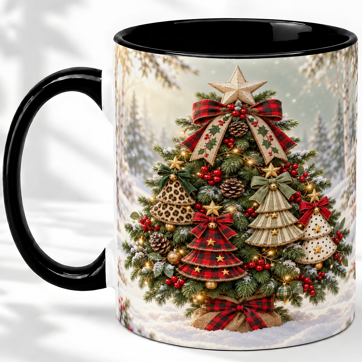 #pl[11oz|Black] Patterned Christmas Tree Accent Mug, Ceramic Rustic Coffee Cup