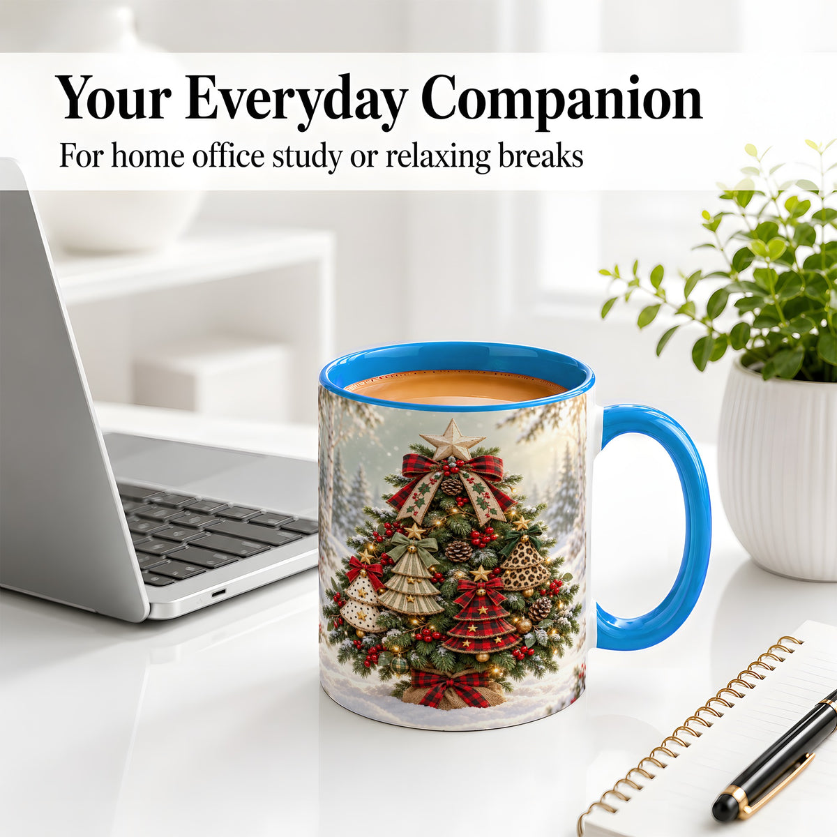 #pl[11oz|Blue] Patterned Christmas Tree Accent Mug, Ceramic Rustic Coffee Cup