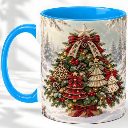 #pl[11oz|Blue] Patterned Christmas Tree Accent Mug, Ceramic Rustic Coffee Cup