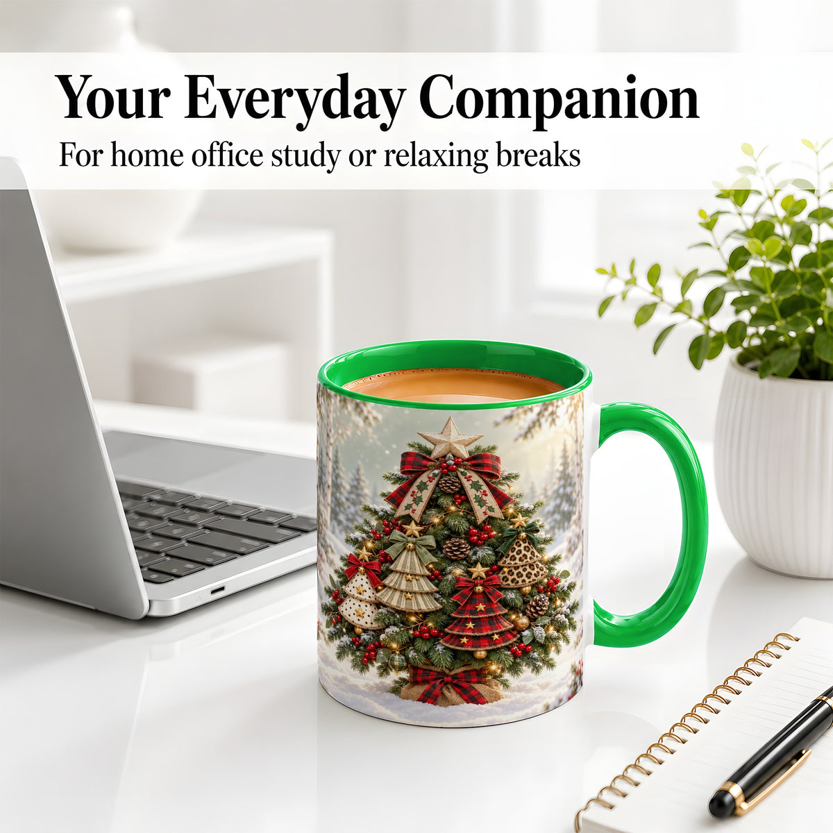 #pl[11oz|Green] Patterned Christmas Tree Accent Mug, Ceramic Rustic Coffee Cup