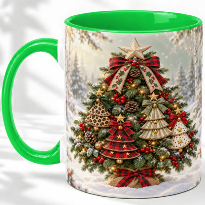 #pl[11oz|Green] Patterned Christmas Tree Accent Mug, Ceramic Rustic Coffee Cup