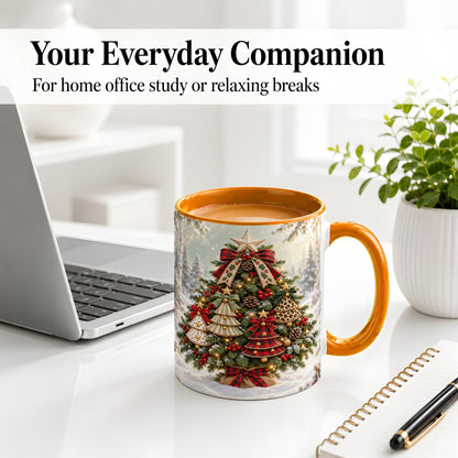 #pl[11oz|Orange] Patterned Christmas Tree Accent Mug, Ceramic Rustic Coffee Cup