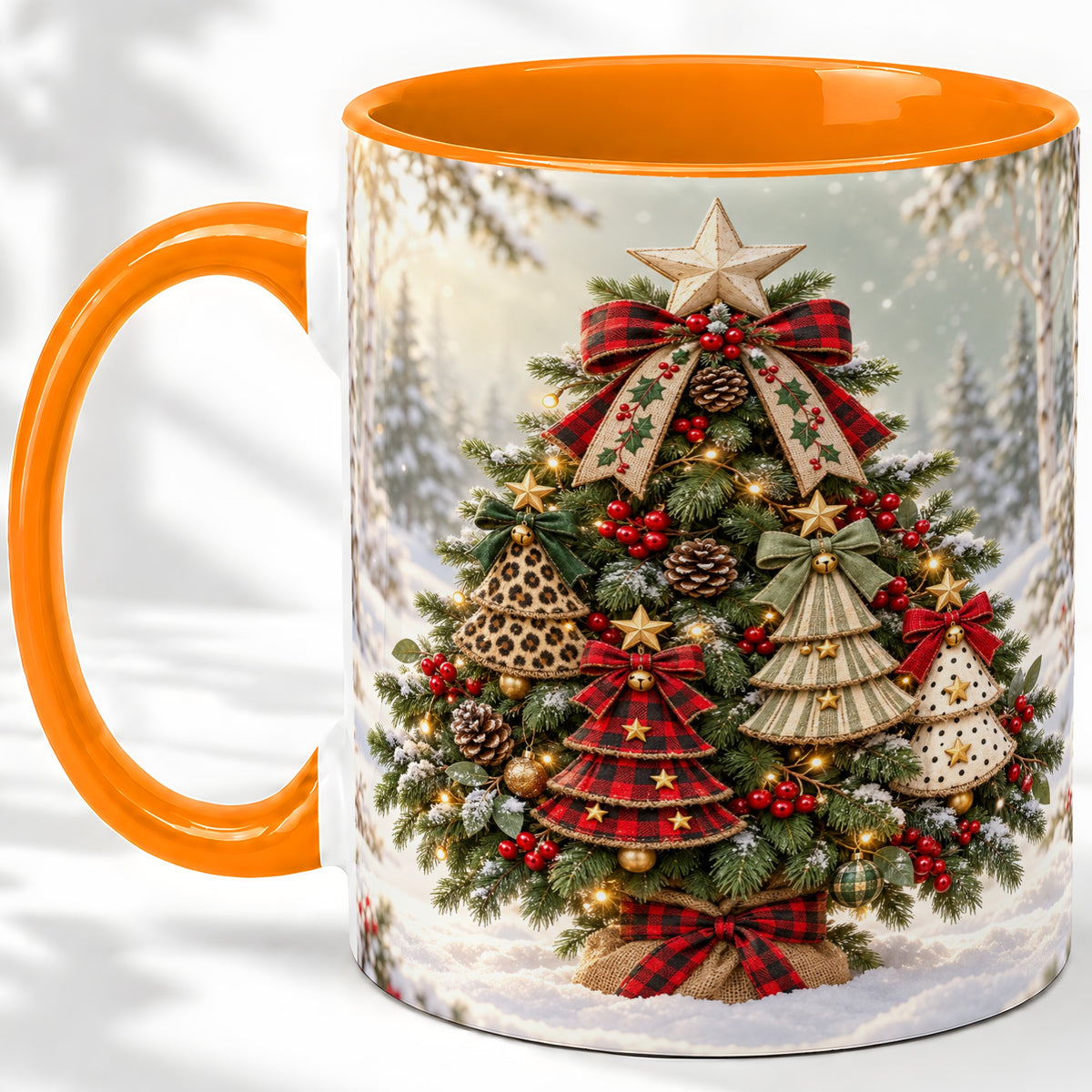 #pl[11oz|Orange] Patterned Christmas Tree Accent Mug, Ceramic Rustic Coffee Cup