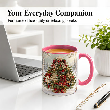 #pl[11oz|Pink] Patterned Christmas Tree Accent Mug, Ceramic Rustic Coffee Cup