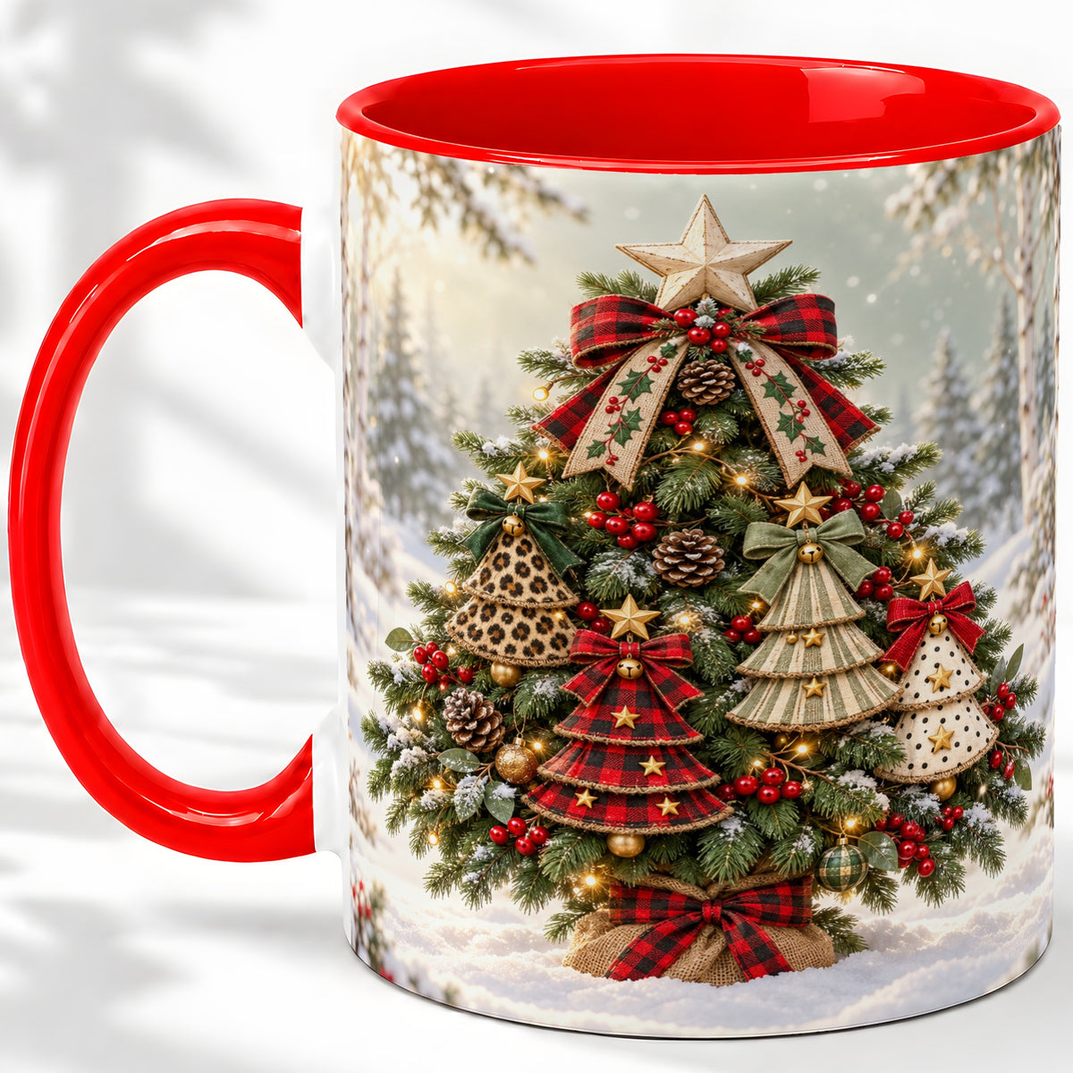 Patterned Christmas Tree Accent Mug, Ceramic Rustic Coffee Cup
