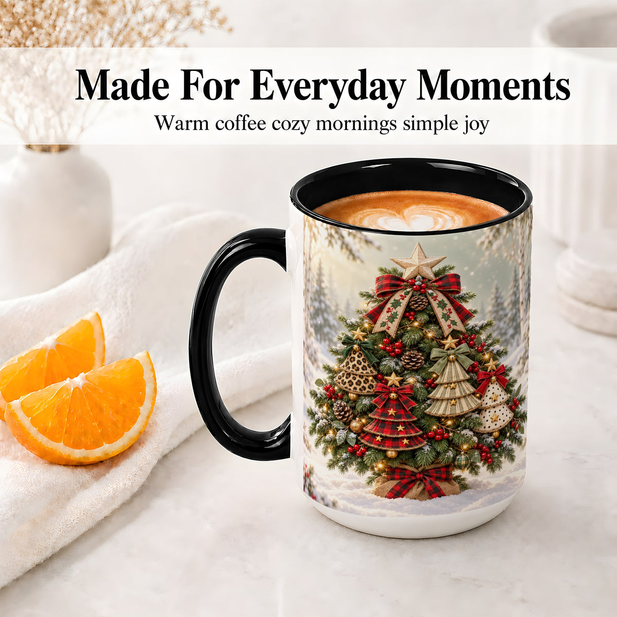 #pl[15oz|Black] Patterned Christmas Tree Accent Mug, Ceramic Rustic Coffee Cup