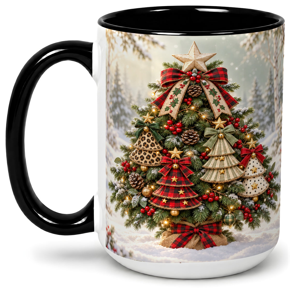 #pl[15oz|Black] Patterned Christmas Tree Accent Mug, Ceramic Rustic Coffee Cup