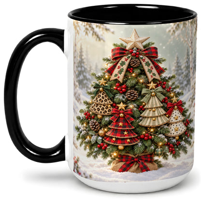 #pl[15oz|Black] Patterned Christmas Tree Accent Mug, Ceramic Rustic Coffee Cup