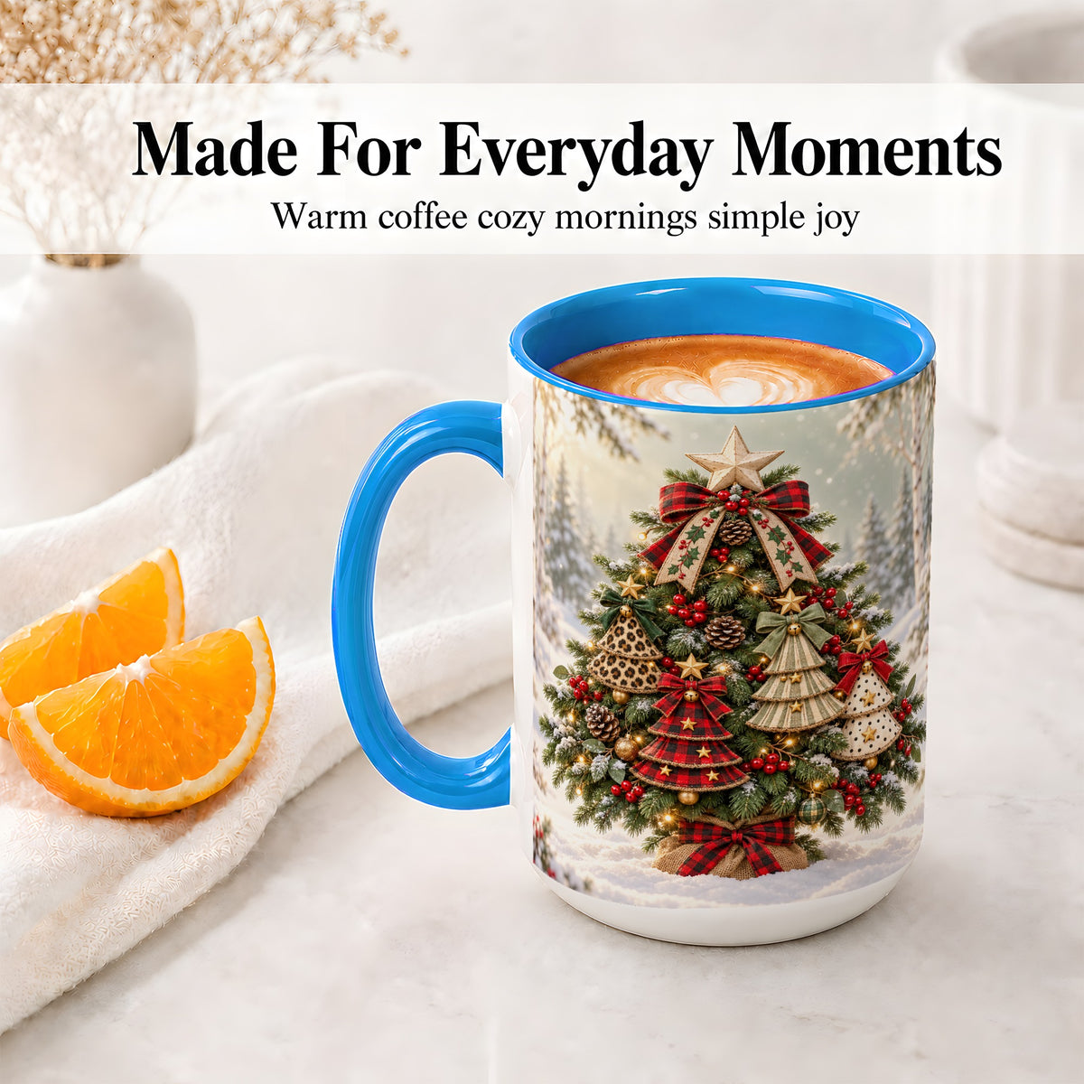 #pl[15oz|Blue] Patterned Christmas Tree Accent Mug, Ceramic Rustic Coffee Cup