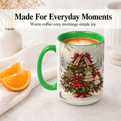 #pl[15oz|Green] Patterned Christmas Tree Accent Mug, Ceramic Rustic Coffee Cup