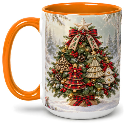 #pl[15oz|Orange] Patterned Christmas Tree Accent Mug, Ceramic Rustic Coffee Cup