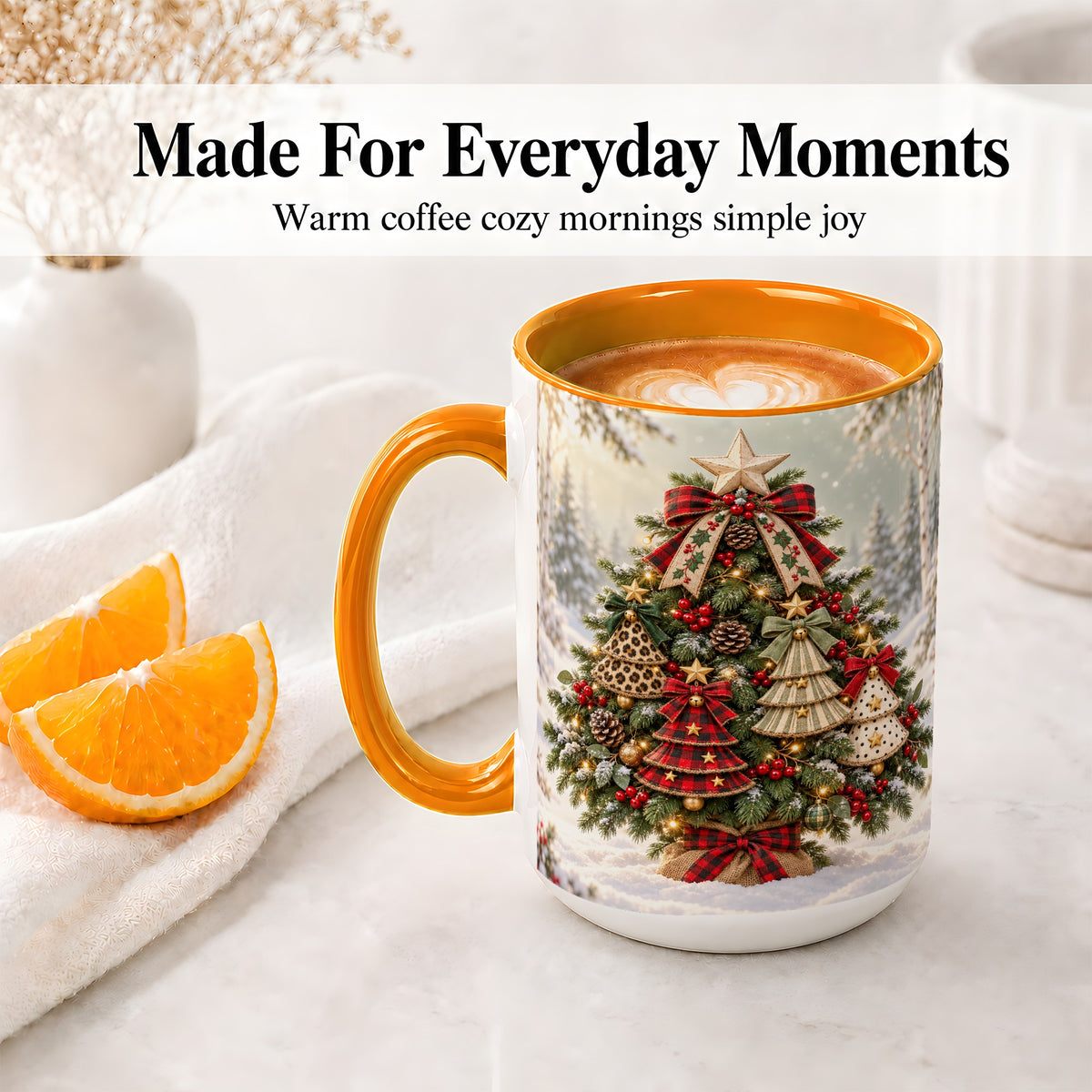 #pl[15oz|Orange] Patterned Christmas Tree Accent Mug, Ceramic Rustic Coffee Cup