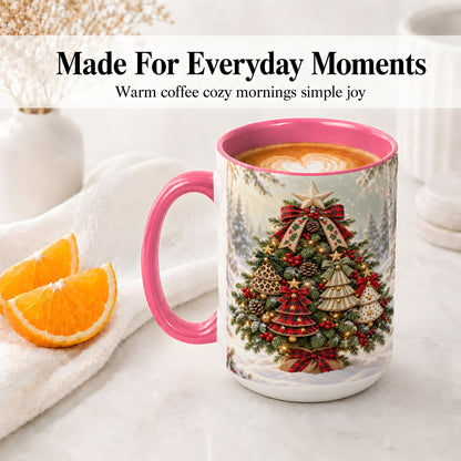 #pl[15oz|Pink] Patterned Christmas Tree Accent Mug, Ceramic Rustic Coffee Cup