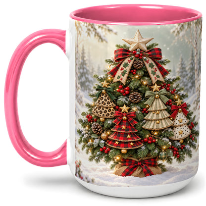 #pl[15oz|Pink] Patterned Christmas Tree Accent Mug, Ceramic Rustic Coffee Cup