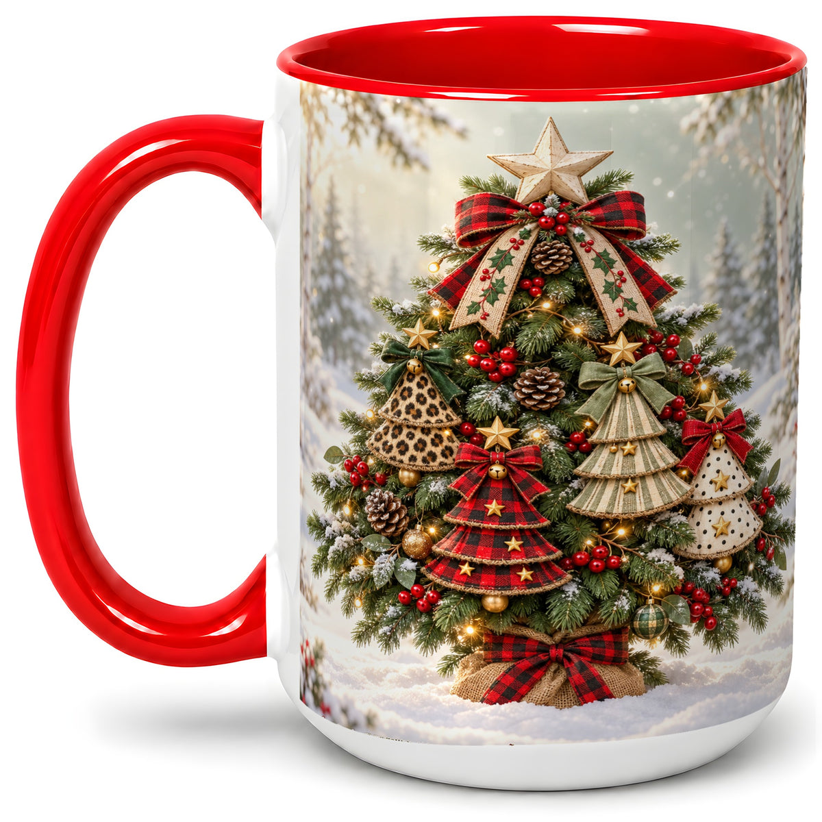 #pl[15oz|Red] Patterned Christmas Tree Accent Mug, Ceramic Rustic Coffee Cup
