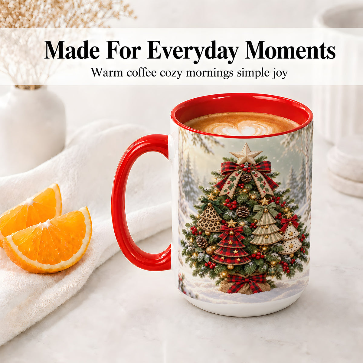 #pl[15oz|Red] Patterned Christmas Tree Accent Mug, Ceramic Rustic Coffee Cup