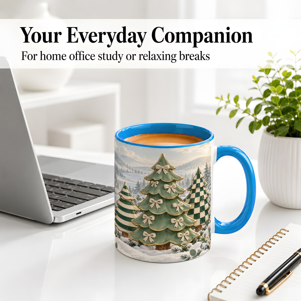 #pl[11oz|Blue] Green Christmas Trees Accent Mug, Ceramic Checkered Coffee Cup