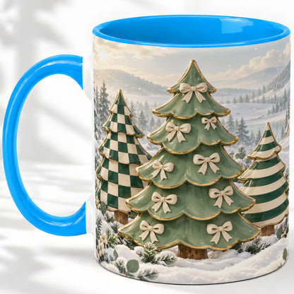 #pl[11oz|Blue] Green Christmas Trees Accent Mug, Ceramic Checkered Coffee Cup