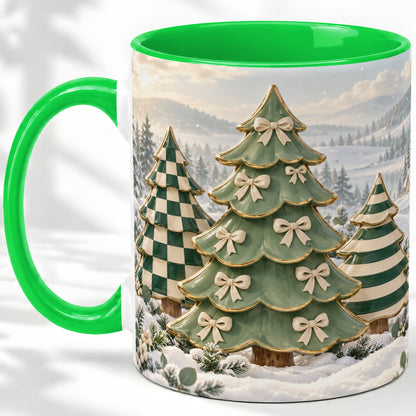 #pl[11oz|Green] Green Christmas Trees Accent Mug, Ceramic Checkered Coffee Cup