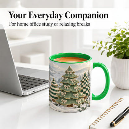 #pl[11oz|Green] Green Christmas Trees Accent Mug, Ceramic Checkered Coffee Cup