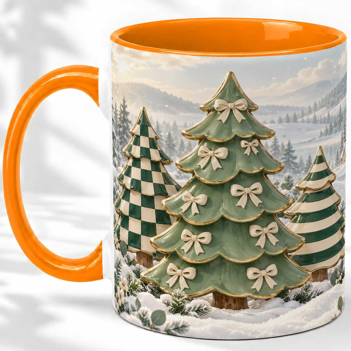 #pl[11oz|Orange] Green Christmas Trees Accent Mug, Ceramic Checkered Coffee Cup