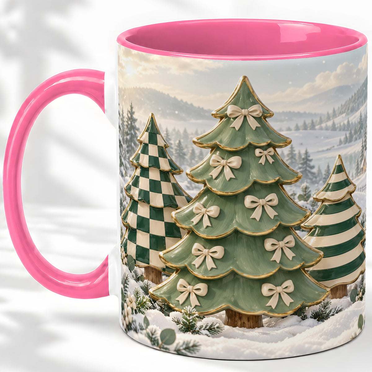 #pl[11oz|Pink] Green Christmas Trees Accent Mug, Ceramic Checkered Coffee Cup