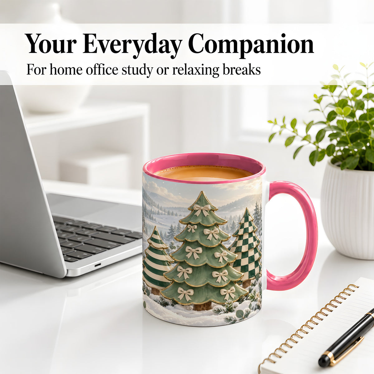 #pl[11oz|Pink] Green Christmas Trees Accent Mug, Ceramic Checkered Coffee Cup