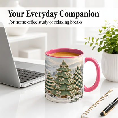 #pl[11oz|Pink] Green Christmas Trees Accent Mug, Ceramic Checkered Coffee Cup