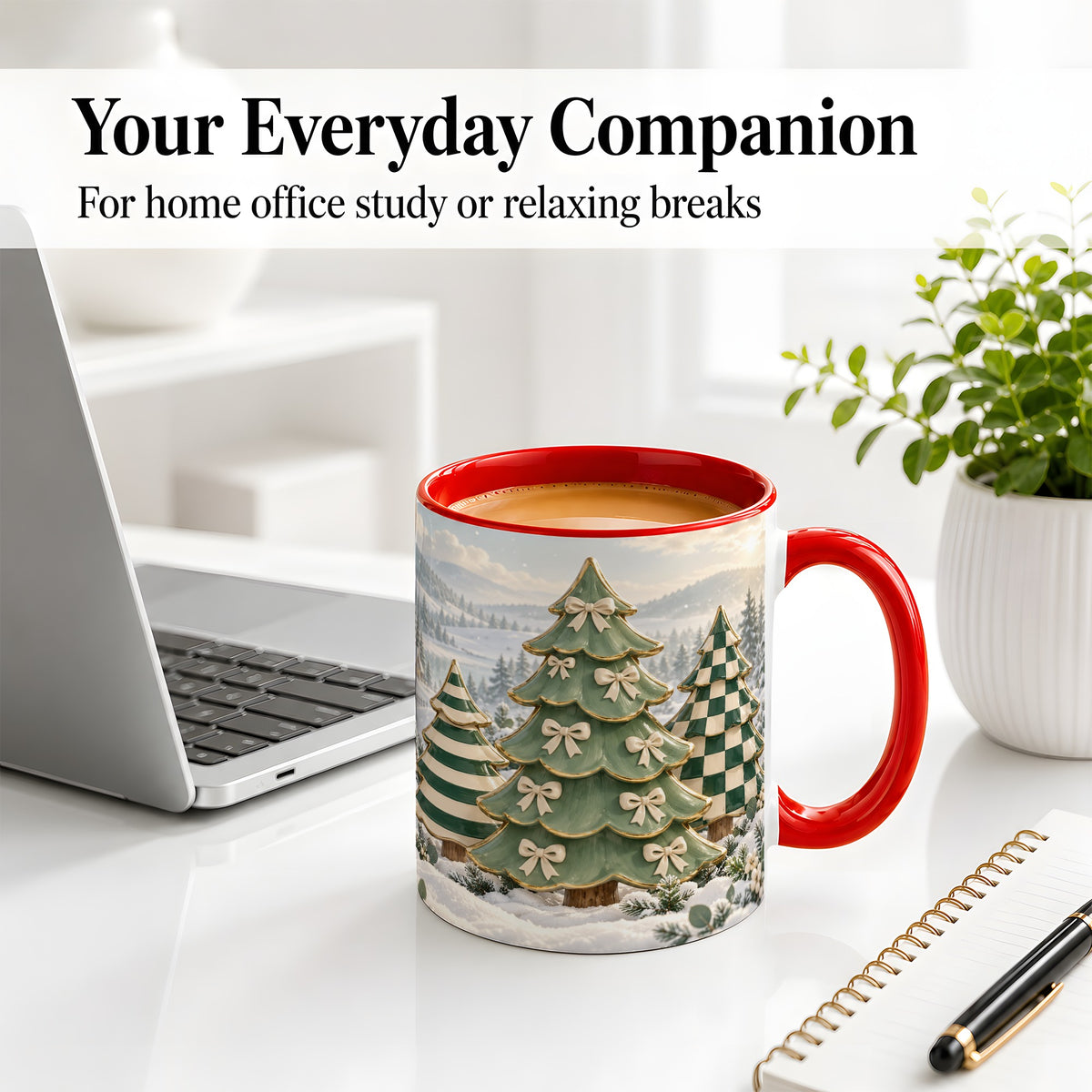 #pl[11oz|Red] Green Christmas Trees Accent Mug, Ceramic Checkered Coffee Cup