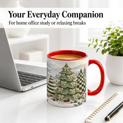 #pl[11oz|Red] Green Christmas Trees Accent Mug, Ceramic Checkered Coffee Cup
