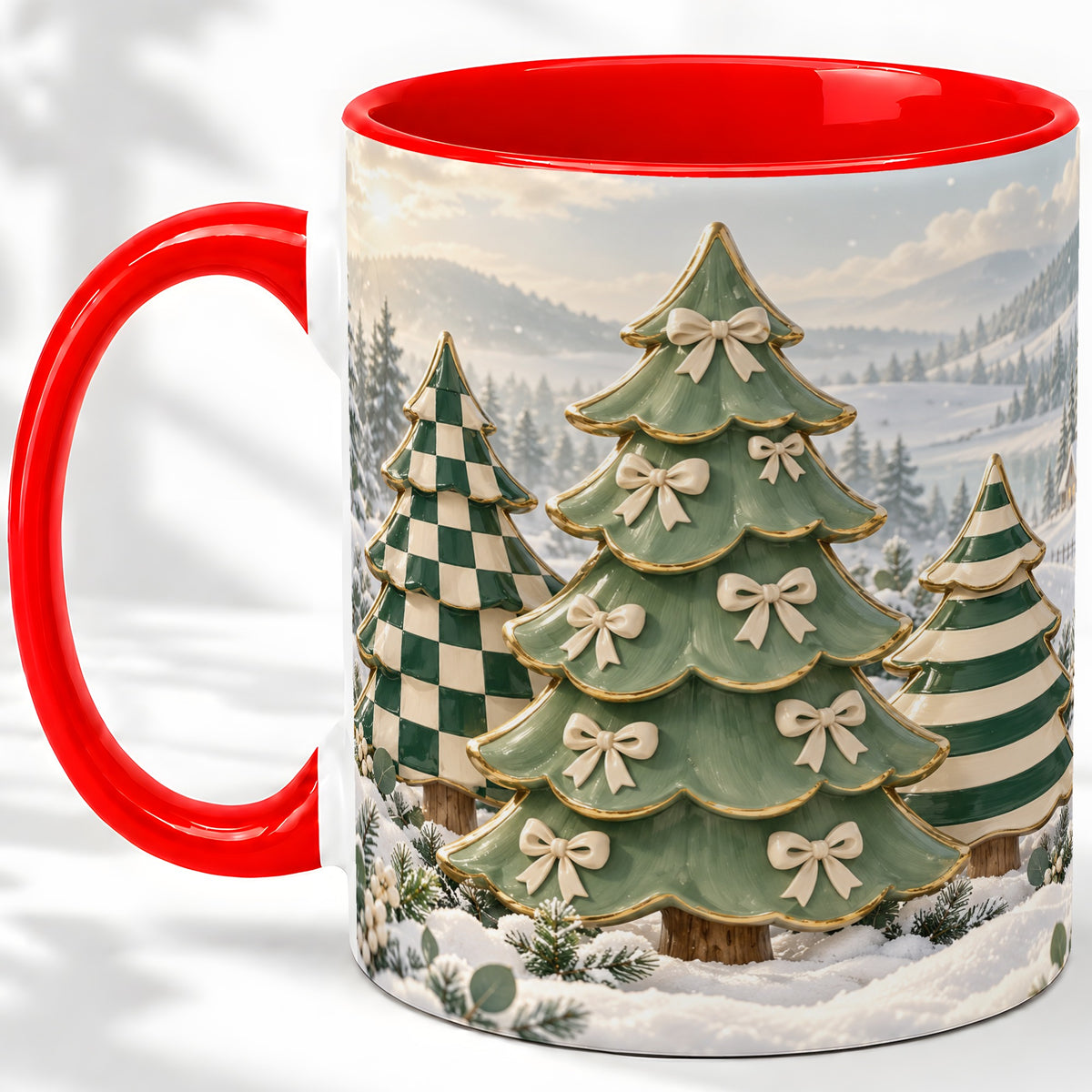 Green Christmas Trees Accent Mug, Ceramic Checkered Coffee Cup