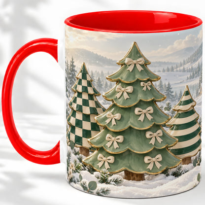 Green Christmas Trees Accent Mug, Ceramic Checkered Coffee Cup