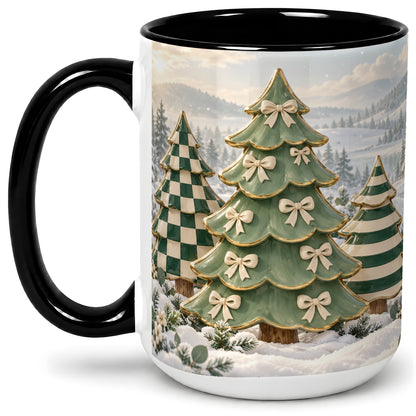 #pl[15oz|Black] Green Christmas Trees Accent Mug, Ceramic Checkered Coffee Cup