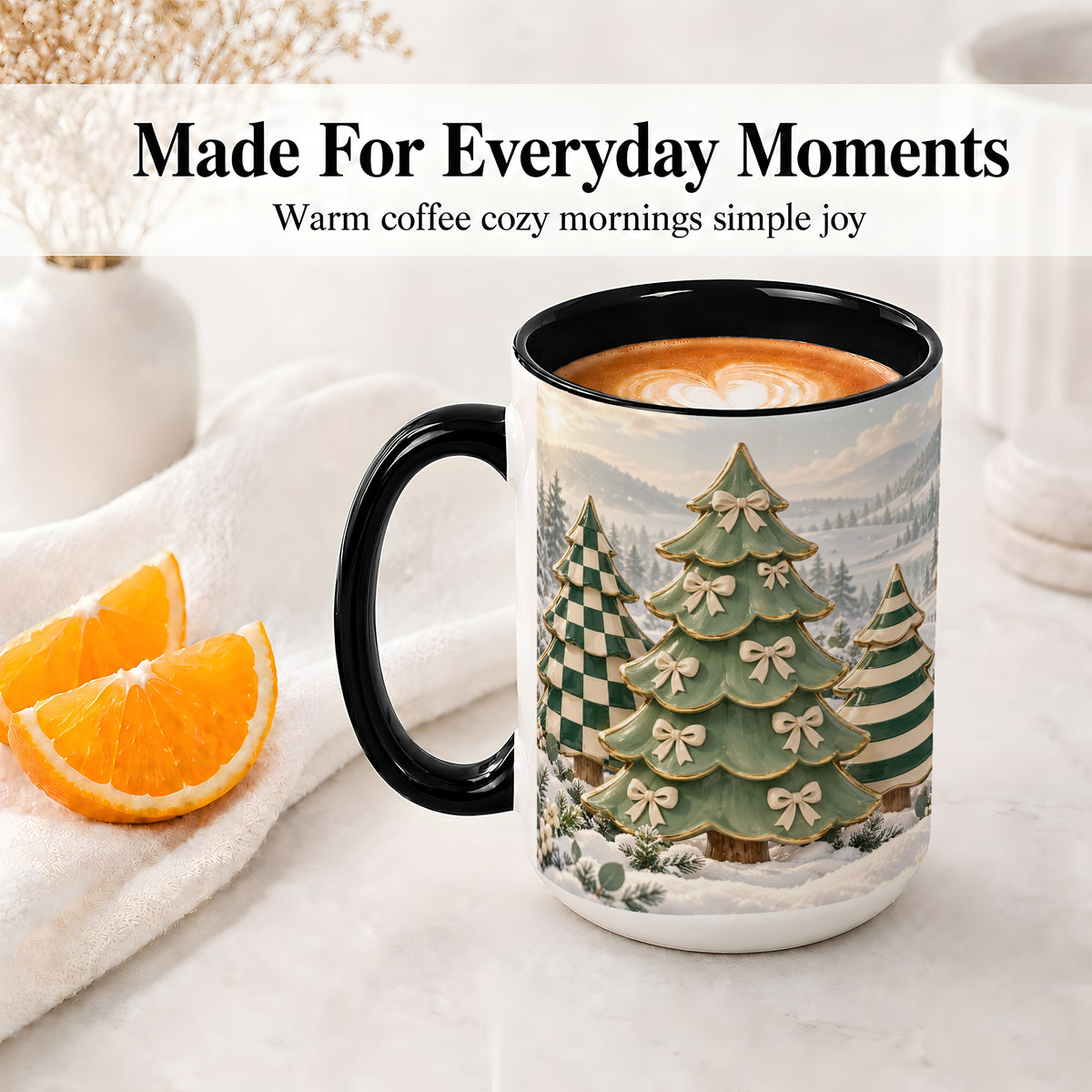 #pl[15oz|Black] Green Christmas Trees Accent Mug, Ceramic Checkered Coffee Cup