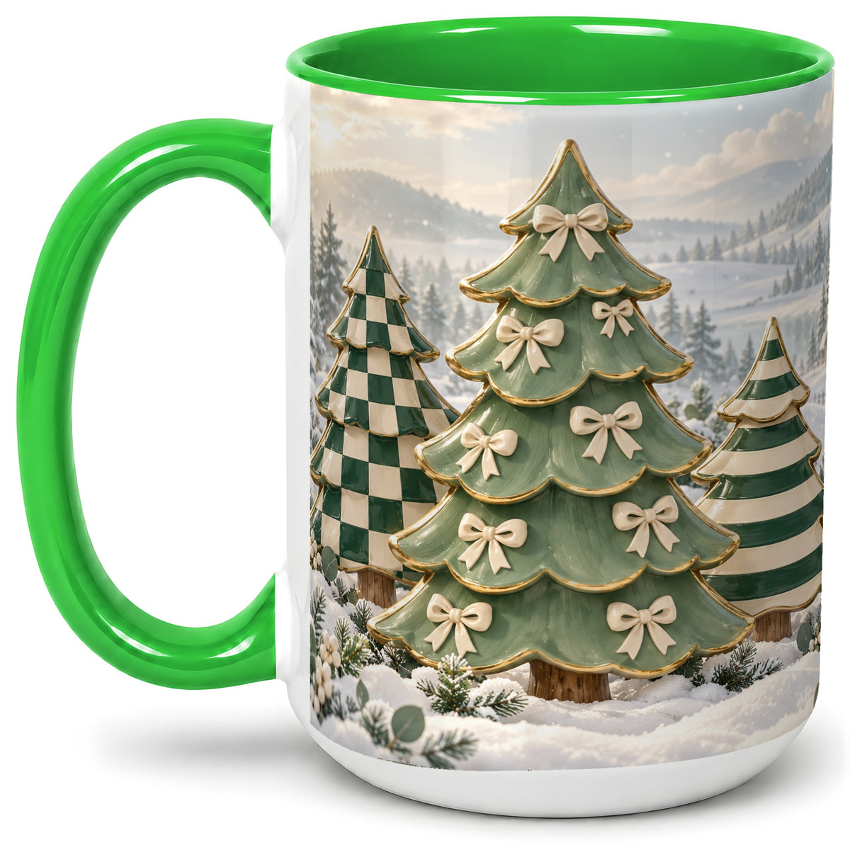 #pl[15oz|Green] Green Christmas Trees Accent Mug, Ceramic Checkered Coffee Cup