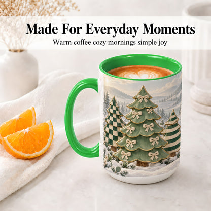 #pl[15oz|Green] Green Christmas Trees Accent Mug, Ceramic Checkered Coffee Cup