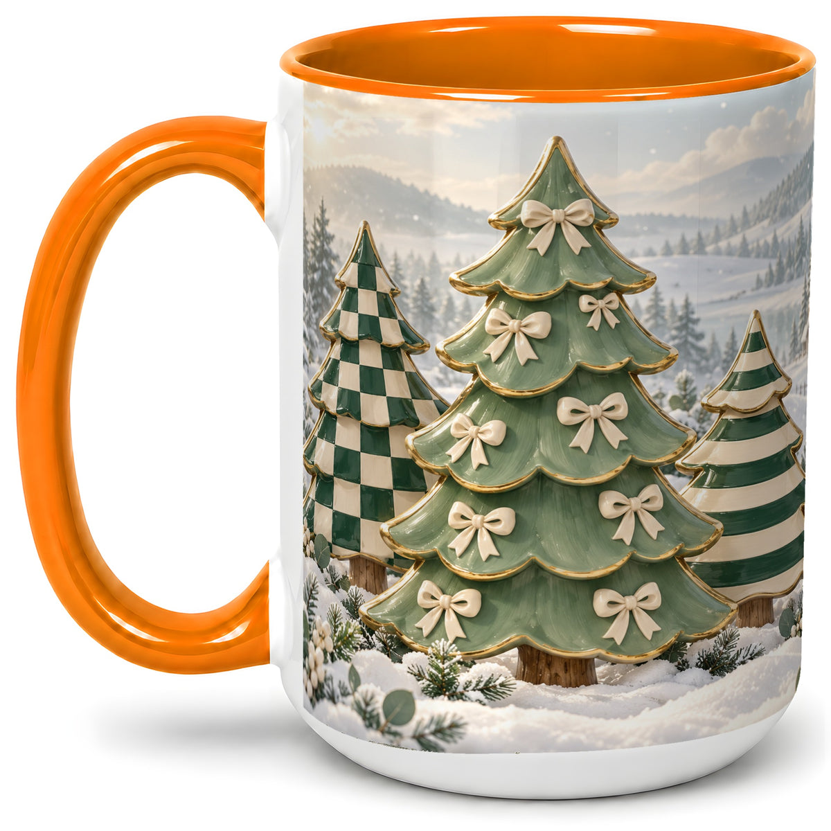 #pl[15oz|Orange] Green Christmas Trees Accent Mug, Ceramic Checkered Coffee Cup