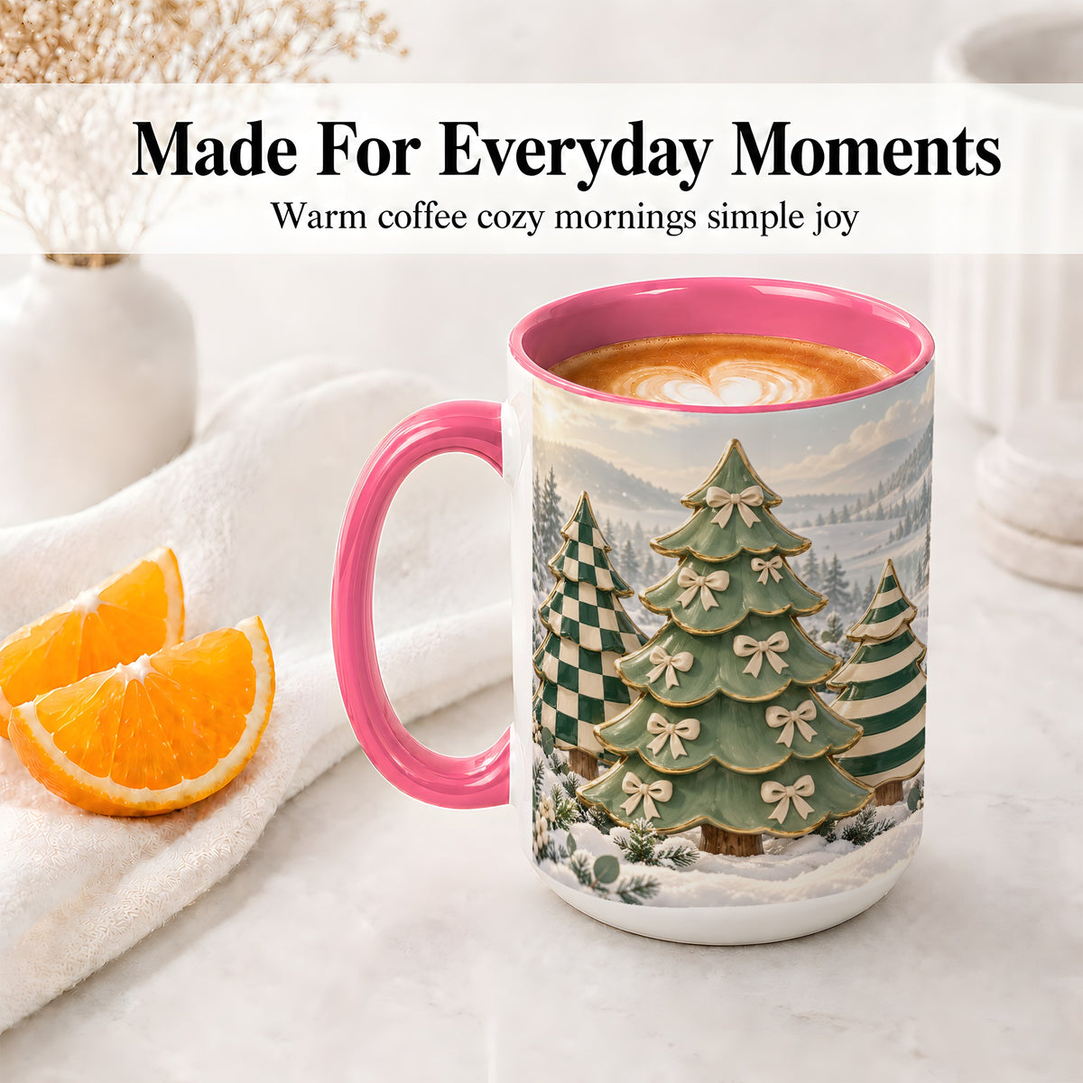 #pl[15oz|Pink] Green Christmas Trees Accent Mug, Ceramic Checkered Coffee Cup