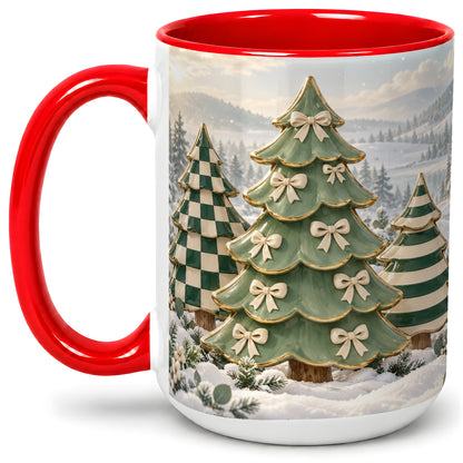 #pl[15oz|Red] Green Christmas Trees Accent Mug, Ceramic Checkered Coffee Cup