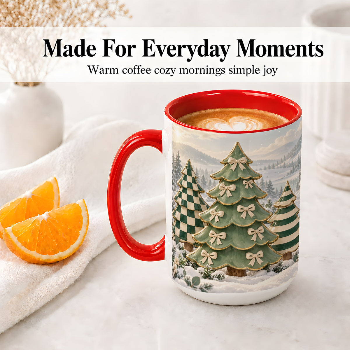 #pl[15oz|Red] Green Christmas Trees Accent Mug, Ceramic Checkered Coffee Cup